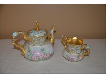 (#1) Beautiful Antique C.T. Altwasser German Porcelain Floral Hand-painted Gold Trim Teapot With Sugar Bowl