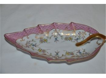 (#20) Vintage Princeton China Hand Decorated One Handled Candy Leaf Dish Pink Gold Trim 9'W