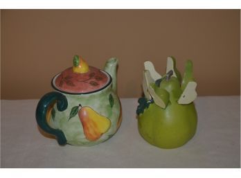 (#15) Hand-painted One Cup Teapot And Pear Shape Spreader Holder -SEE DETAILS