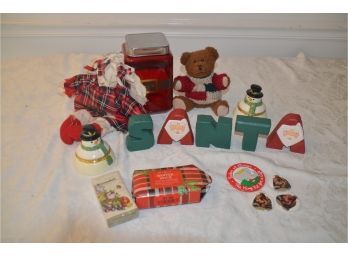 (#117) Wood Santa Letters, Snowman Trinket Box (2), Bear, Glass Cookie Jar