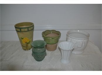 (#69) Ceramic And Porcelain Planters, Glass Vase, Milk Glass Vase