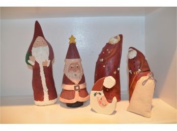 (#122) Ceramic Santa (2), Wood Santa (2), Stiff Fabric Santa
