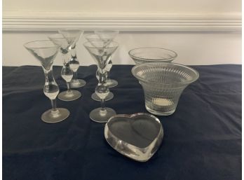 (#83) Cordial Glasses (6) And Votive Glass Candle Holder (2), Glass Hear Paper Weight