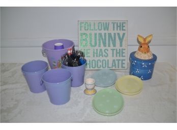 (#54) Easter Decor: Wood Sign, Ceramic Bunny Cookie Jar, Easter Egg Plates, Tin Pails,