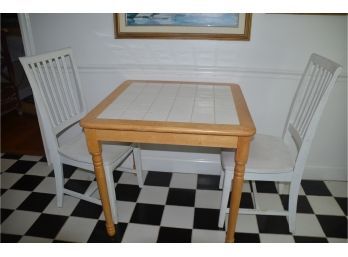 (#100) Tile Top 31' Square Kitchen Table With 2 Wood Chairs