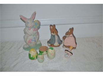 (#56) Metal Bunny Door Stopper, Vintage Peter Rabbit Wood Decor, Nesting Doll, Ceramic Trinket Pacifier