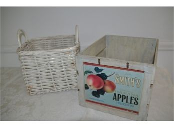 (#68) Wood Apple Box (one Handle Missing), White Wicker Basket