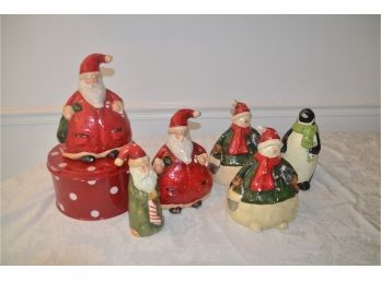 (#114) Paper Mache Snowman, Santa, Penguin, Round Tin Covered Box