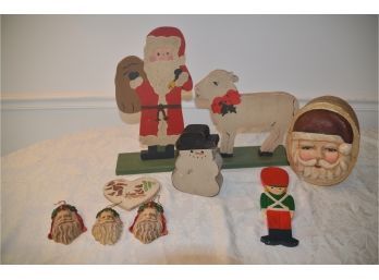 (#112) Vintage Wood Standing Santa, Reindeer, Snowman Ornaments, Santa Box