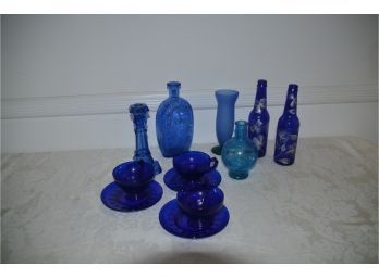 (#75) Blue Glass Decor: Vases, Jug, Candle Stick, Cup And Sauces