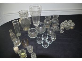 (#84) Assortment Of Glass Vases And Votive / Bud Holders, 1 Large Plastic Vase