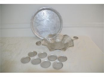 (#29) Vintage Hand Wrought Aluminum Trays And Coasters