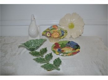 (#57) Portugal Cabbage Bowl Set, Fritz And Floyd Rooster Ceramic Plate, Floral Tea Pot, Ceramic Flower Plate