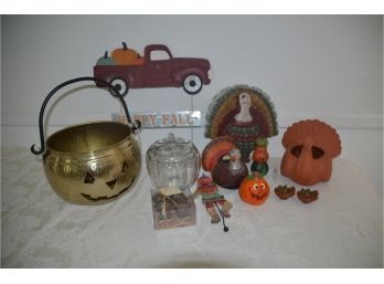 (#50) Collection Of Fall Theme Items (glass Pumpkin Cookie Jar, Terra Cotta Turkey Planter)