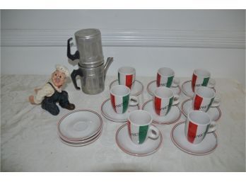 (#58) Espresso Night:  Godinger Espresso Cup And Saucer, Vintage Espresso Pot Maker