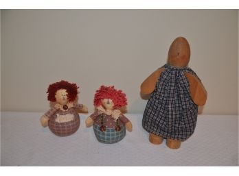 (#17) Vintage Decorative Wood Dolls, Weighted Mini Raggedy Ann And Andy