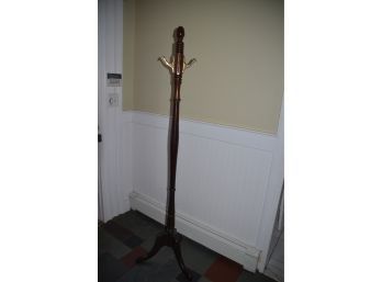 (#134) Floor Stand Coat Rack Wood And Brass Duck Hooks 66.5'H
