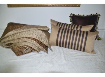 (#90) Queen Reversible Silk Poly Coverlet, 2 Decorative Zippered Feather Pillows, 1 Velvet Decorative Pillow