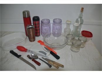 (#66) Kitchen Items: Ball Jars, Pyrex Bowl, Kitchen Utensils, Salad Dressing Jars,
