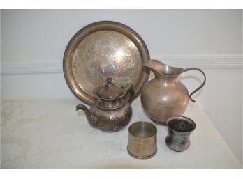(#28) Vintage Silver-plate Tea Pot, Pitcher, Wear Brite Nickel Silver Cup,