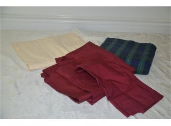 (#97) Ralph Lauren Red Queen Flat Sheet With 1 Pillow Case, Cream Flat Sheet, 1 Plaid Flannel Flat Sheet