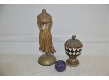 (#27) Decorative Headless Bust, Black And White Covered Compote, Marble Purple Paper Weight