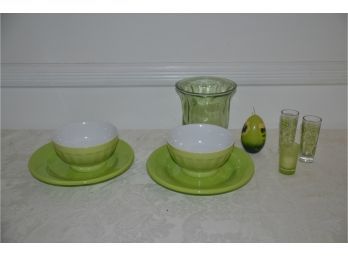 (#55) Ceramic Green Bowls, Plates, Egg Shape Candle, Shot Glasses, Vase