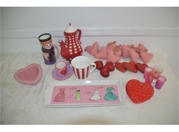 (#47) Assortment Of Valentine Items (coffee Cups, Ceramic Tray And Tea Pot, Etc.)