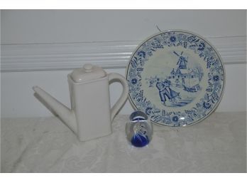 (#63) Murano Glass Egg Paper Weight, Delf Decor Plate, Ceramic White Tea Pot,