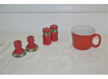 (#49) Wood Salt And Pepper And Candle Holder Signed Ruth Berrythrow, Red Soup Cup