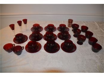 (#104) Vintage Red Cup And Saucer Coffee Set, Cordial Glasses - See Details