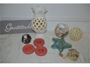 (#73) Candle Theme: Ceramic Pineapple Candle Holder, Glass Lighted Star Fish, Beach Shells