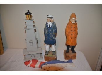 (#9) Wood Carved Light House, Captains, 2 Fishes (5 Pieces)