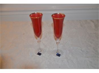 (#105) Pair Of Cristal Red Champagne Flute Glasses Made In Italy