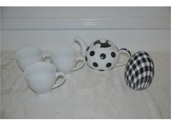 (#61) Porcelain Home Mugs (3), Black And White Teapot By Typhoon, Decorative Egg