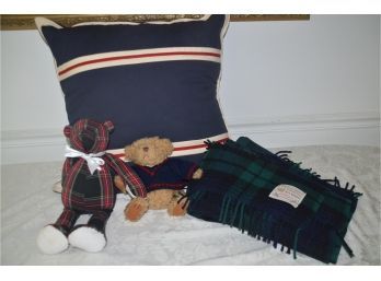 (#92) Ralph Lauren Large Pillow Sham, Scotland Wool Throw Blanket, Pottery Barn And Tully Bears