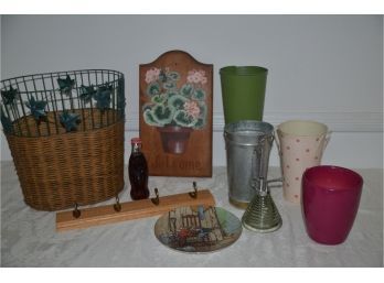(#70) Tin Vase, Wicker Waste Basket, Welcome Wood Sign