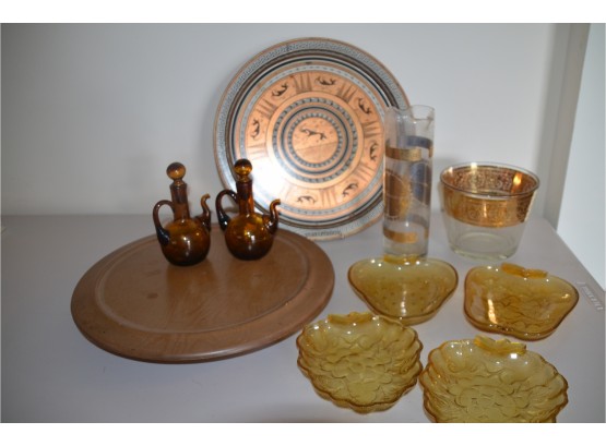 (#107) Vintage Mid Century Glass Ice Bucket And Cocktail Shaker, Amber Glass Bowls, Oil And Vinegar