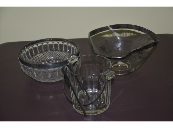 (#101) Vintage Glass Ware Serving Bowl Silver-plate Trim, Glass Ice Bucket