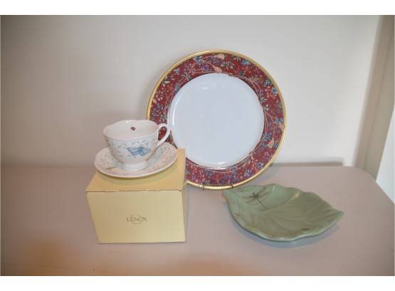(#105) Lenox Tea Cup Set, Christine Dior Platter, Pfaltzgraff Candy Dish