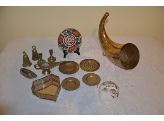 (#20) Brass Lot Trinket Plates, Bells, Ceramic Face Mask