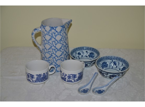 (#28) Vintage 19th Century Spongware Blue Pottery Pitcher, Asian Blue-ware Soup Bowls, Mugs And Spoons