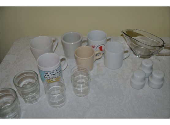 (#37) Lot Of Vintage Mugs And Glasses, Glass Gravy, Salt And Pepper Shaker