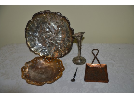 (#36) Vintage Silver-plate Platter, Candy Dish, Vase, Copper