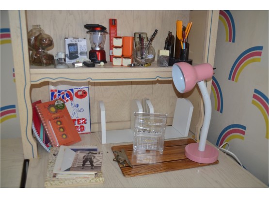 (#72) Desk Accessories: Bookends, Desk Lamp, Snoopy Bank With Coins, Piano Bank