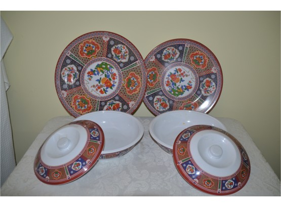 (#31) Asian Large Melamine Serving Platters (2) Covered Serving Bowls (2)