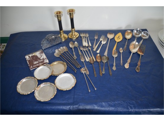 (#166) Assortment Of Silver-plate, Candle Sticks, Coasters, Napkin Holder