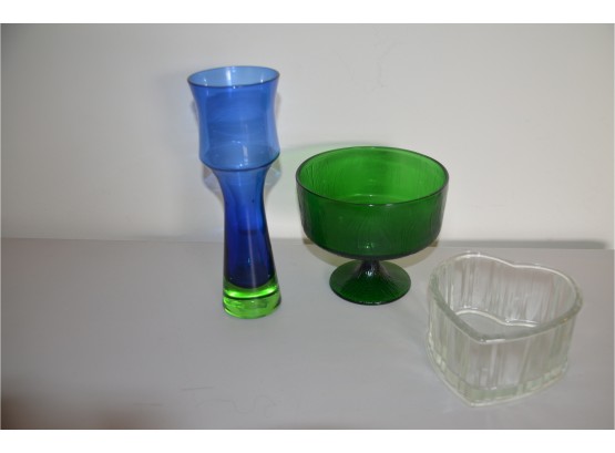 (#108) Modern 60's Sweden Aseda Glasbruk Green/Blue Vase,  Green Compote Glass Bowl