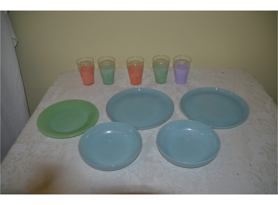 (#34) Vintage Pastel Fire King Oven Ware 2 Bowls, 3 Plates, 5 Drinking Glasses
