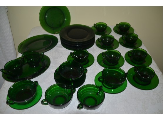 (#32) Green Depression Glass China Set (dinner Plates Worn), Cups And Saucers, Bowls, Sugar And Creamer